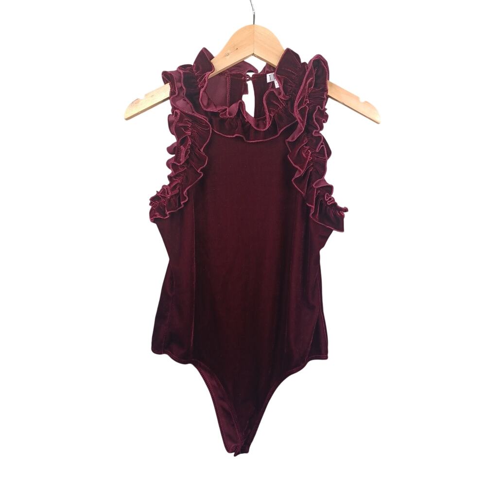 TCEC Womens Sawyer Ruffle Velvet Bodysuit Size L Red Sleeveless Coquette Holiday